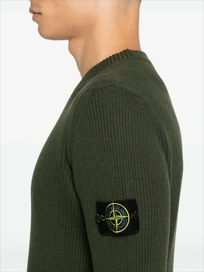 Stone Island Ribbed Knit Wool Sweater With Iconic Patch Logo