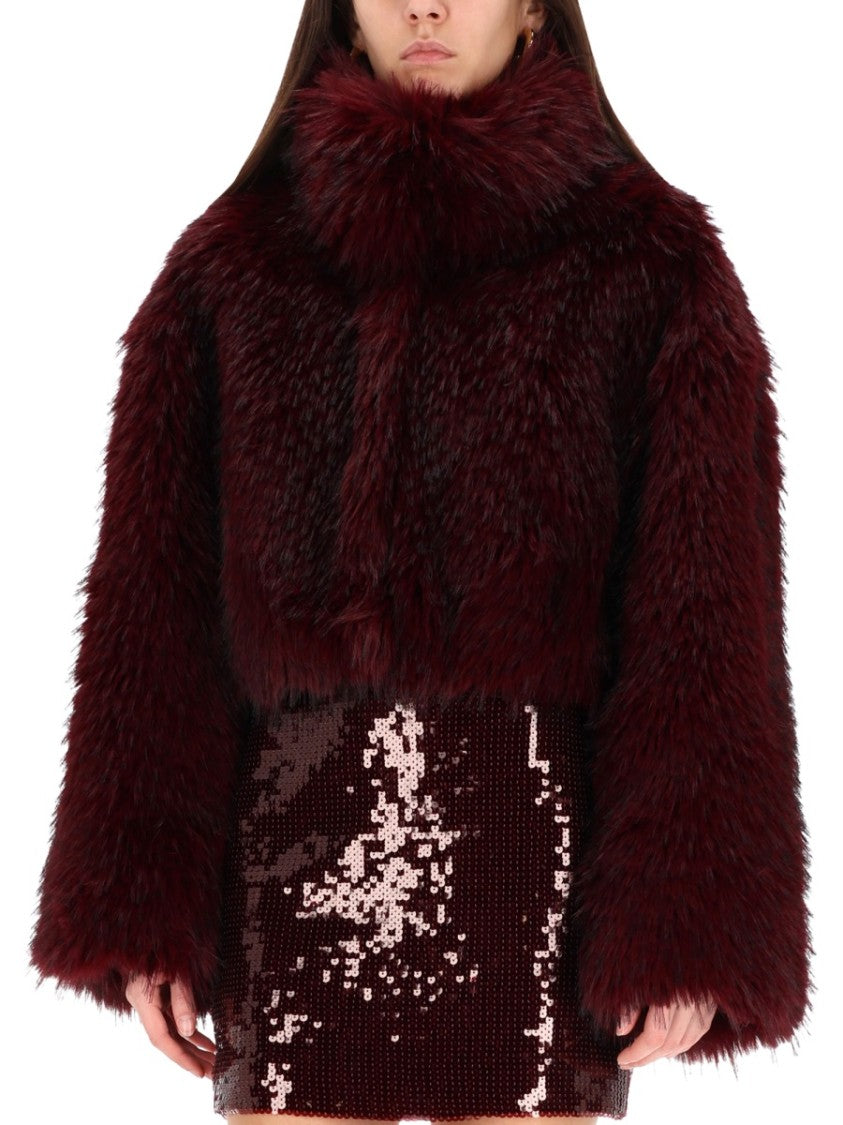 Rotate Birger Christensen Cropped Faux Fur Coat In Rich Bordeaux Hue