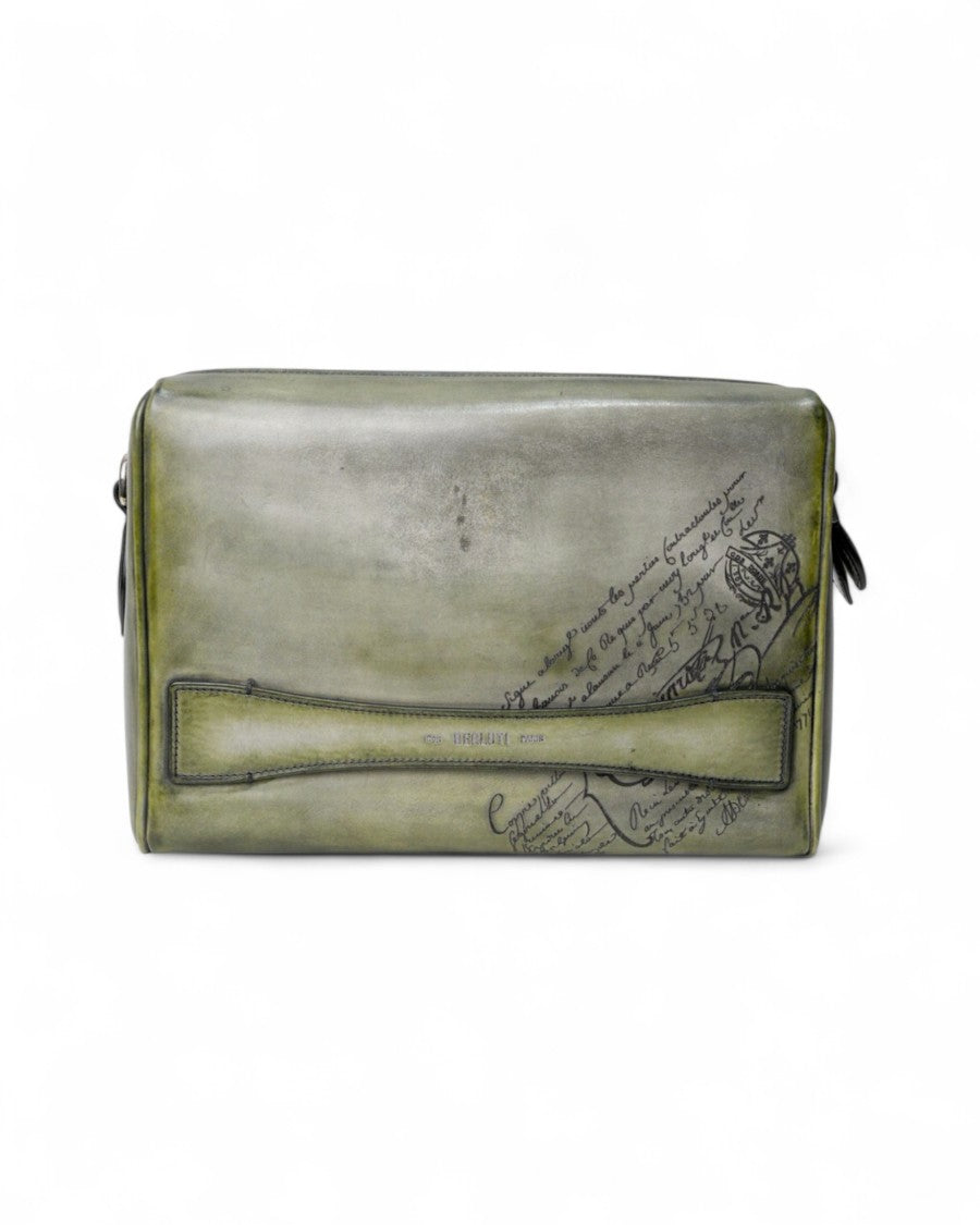 Berluti Clutch Tersio Scritto Leather Pouch Green