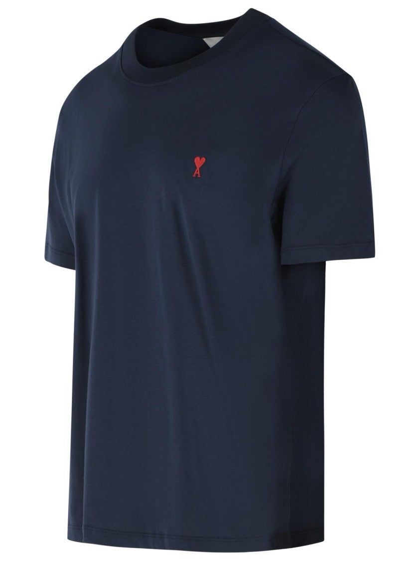 Ami Paris Classic Blue Cotton T-Shirt With Ribbed Neckline