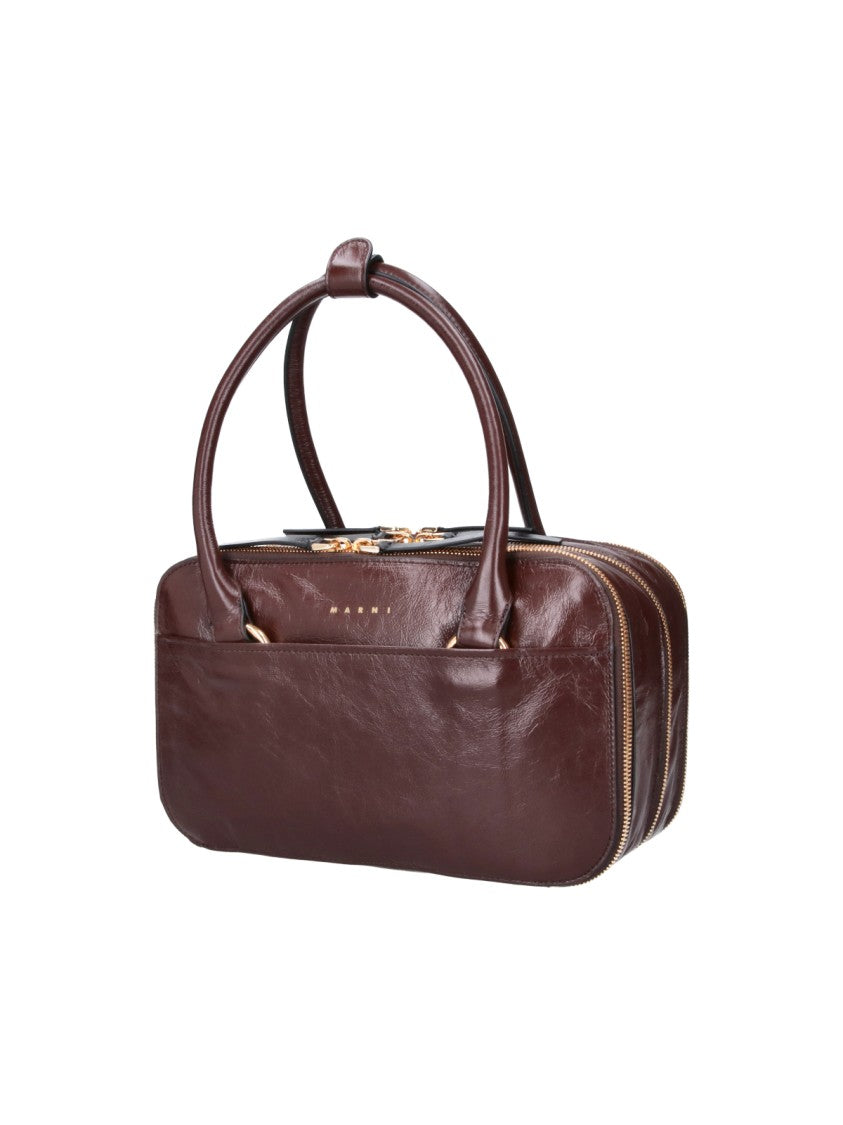 Marni Brown Patent Leather Boxyne Top Handle Bag