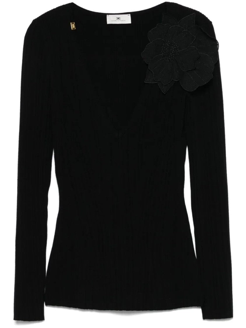 Elisabetta Franchi Black Ribbed Top With Deep V-Neckline