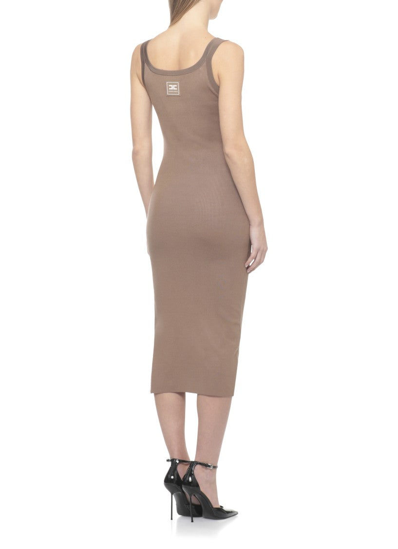 Elisabetta Franchi Fitted Midi Dress With Contrasting Side Band And Logoed Metal Details