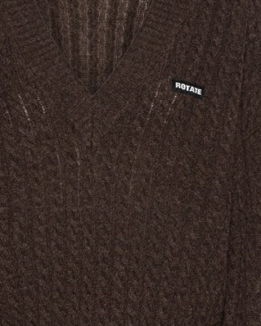 Rotate Cropped Cable-Knit Sweater With Deep V-Neck And Ribbed Edges