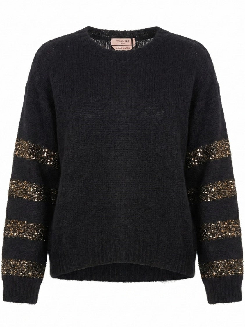 Twin-Set Relaxed Fit Black Knit Sweater With Sequined Sleeves