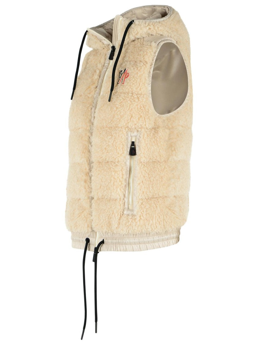 Moncler Grenoble Light Beige Teddy-Style Hooded Polyester Insulated Vest