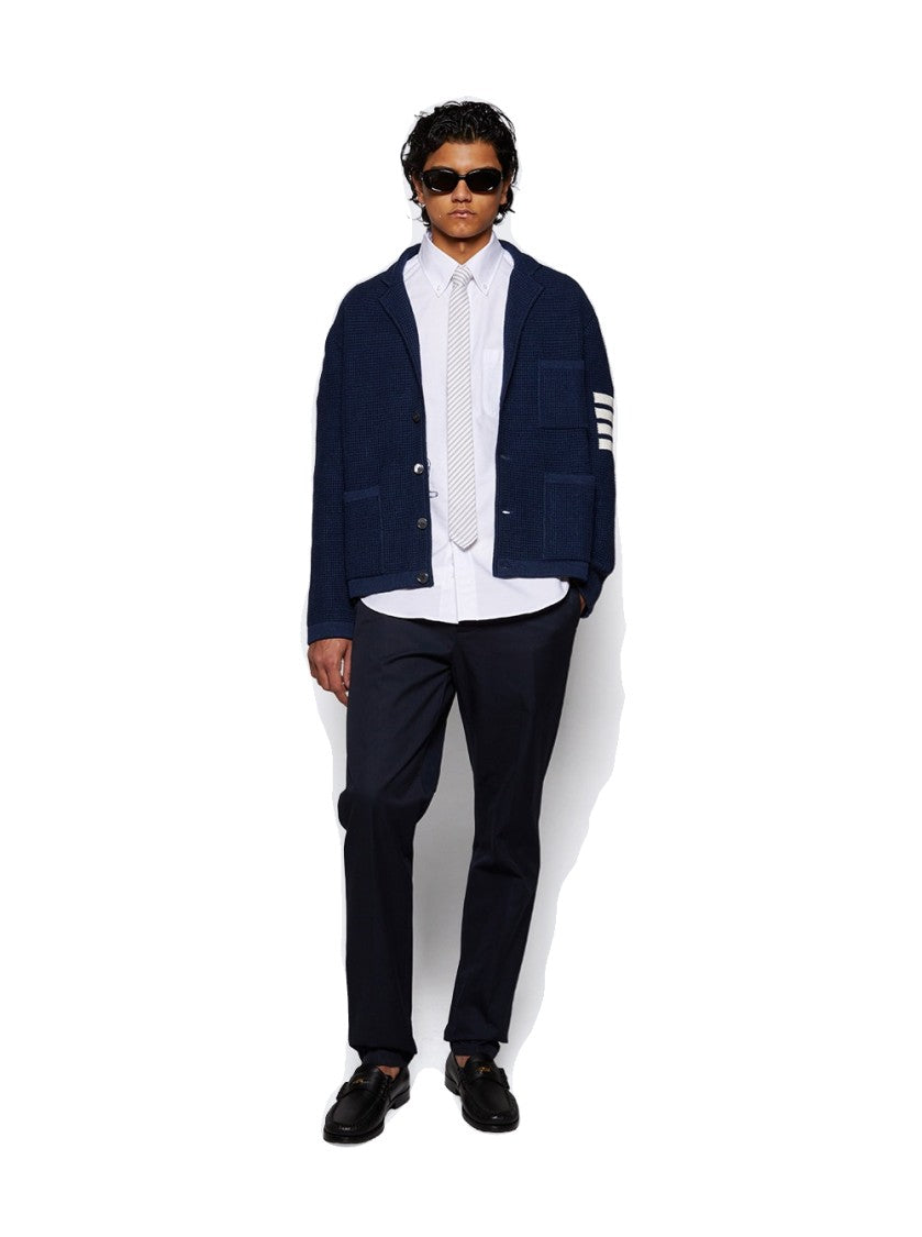 Thom Browne Linen Cotton 4-Bar Cardigan Dark Blue