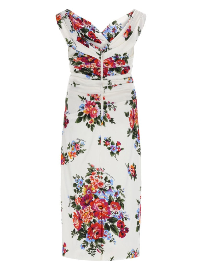 Dolce & Gabbana White Floral Cap Sleeves Midi Dress