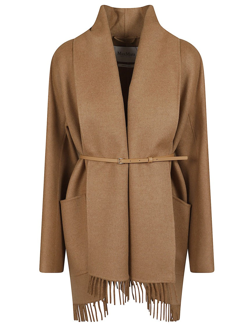 Max Mara Short Brown Camel Draped Cardigan Coat With Shawl Collar