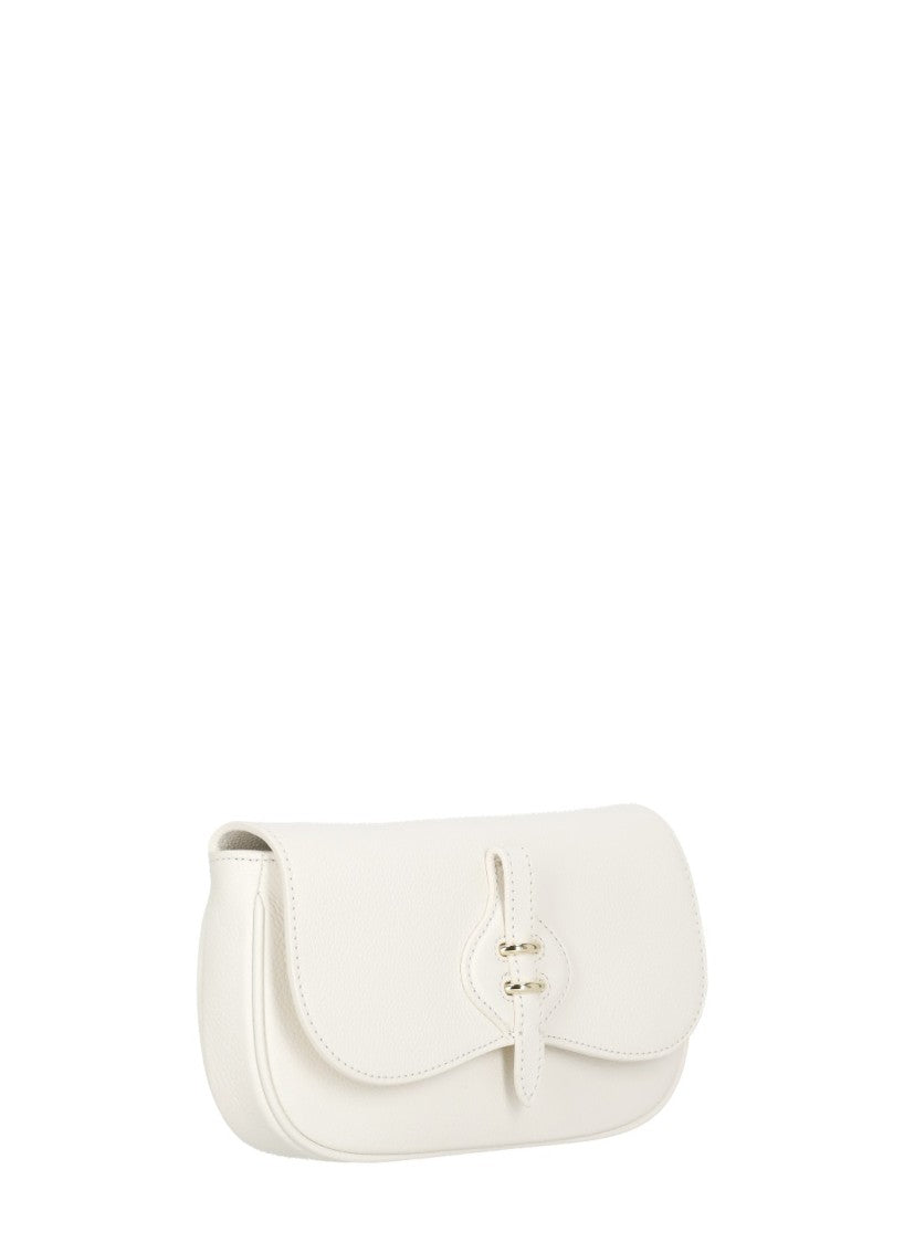Coccinelle Ivory Leather Shoulder Bag With Adjustable Strap And Flap Closure