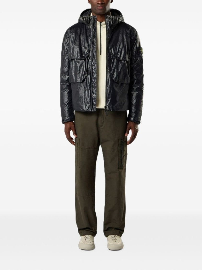 Stone Island Crinkled Texture Black Coat With Hood And Patch Logo