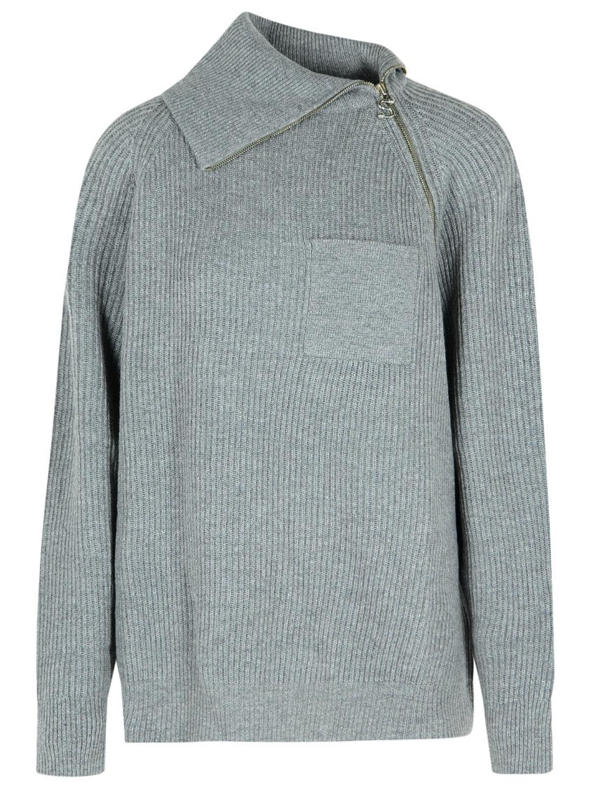 Sportmax Salpa' Cashmere Blend Sweater With Medium Grey Zip