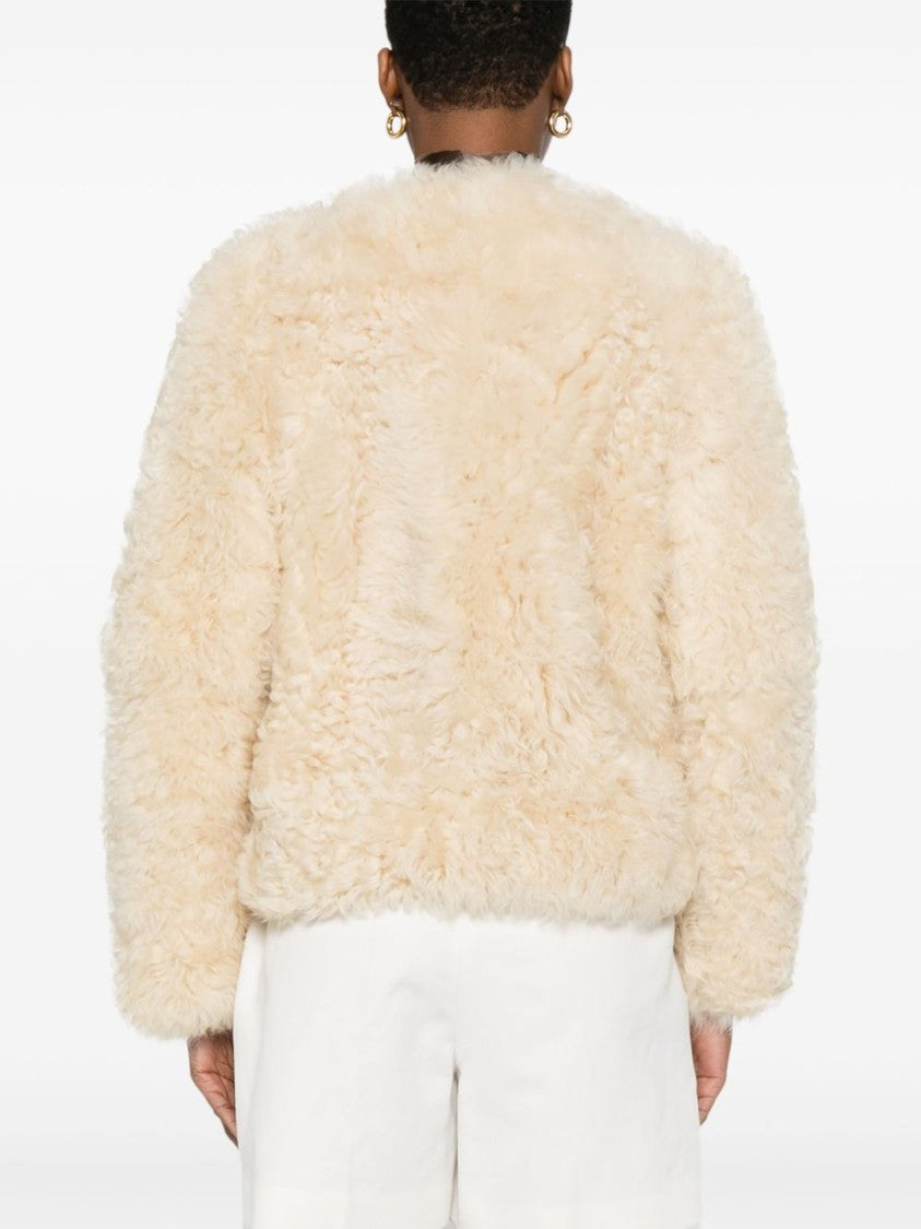 Tom Ford Collarless White Shearling Coat With Textured Surface