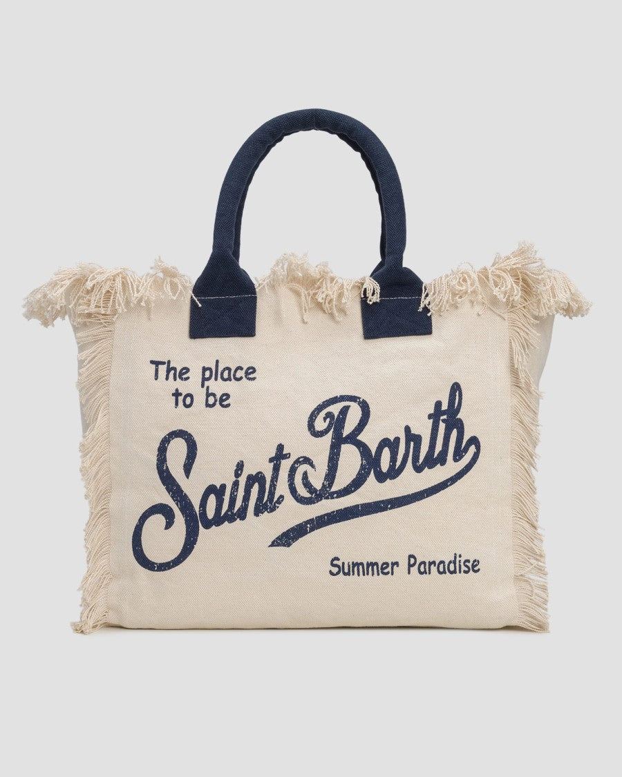 Mc2 Saint Barth Rectangular Natural Canvas Tote Bag With Fringed Edges