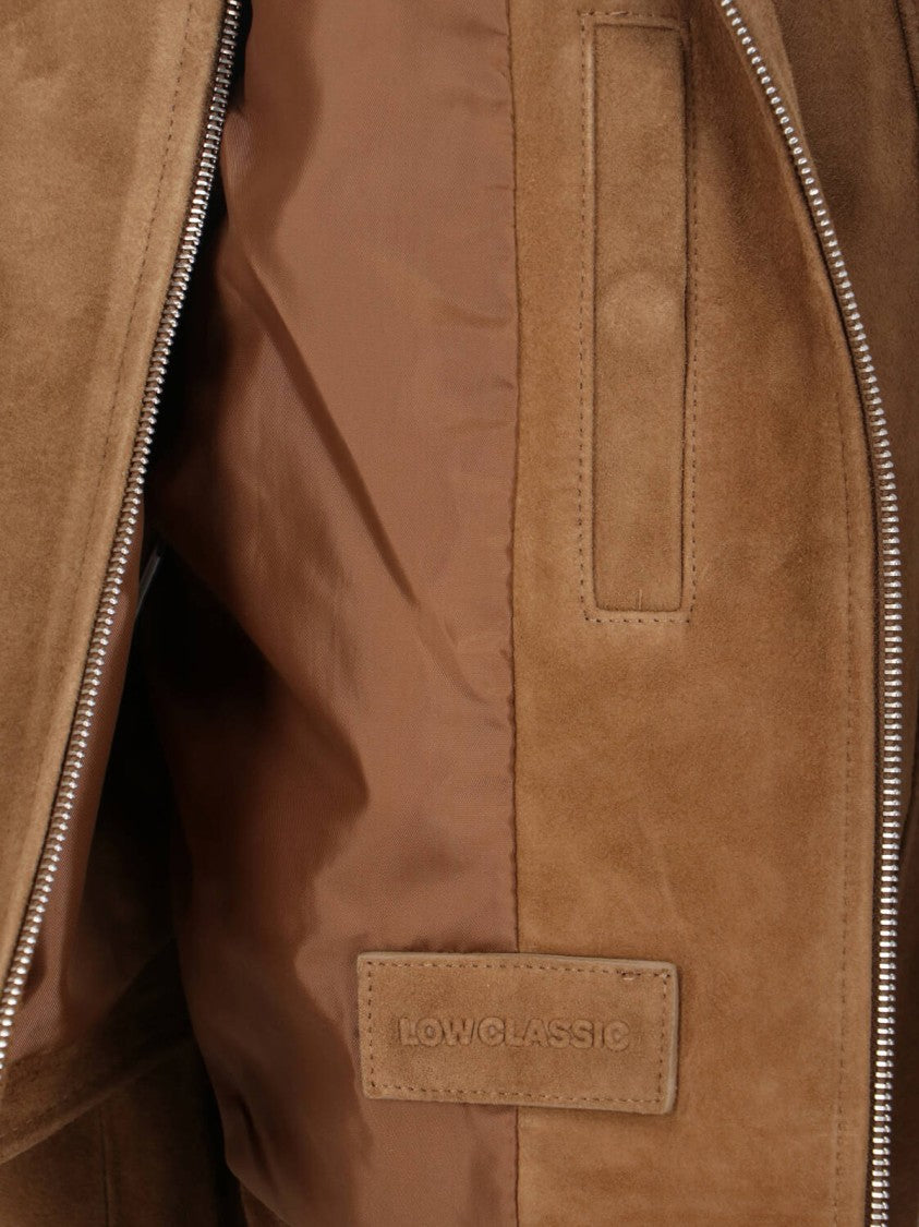 Low Classic Cropped Brown Goat Leather Suede Jacket With Classic Collar