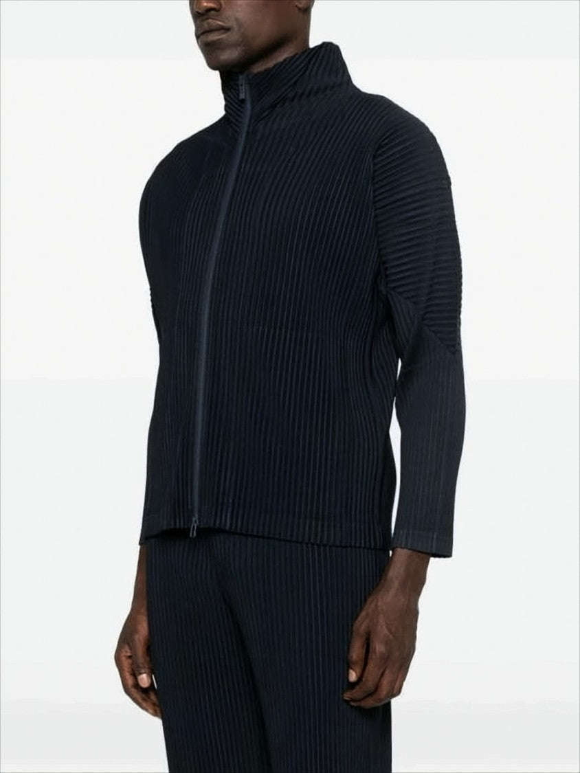 Homme Plissé Issey Miyake Textured Zip-Up Hooded Sweatshirt With Vertical Pleats