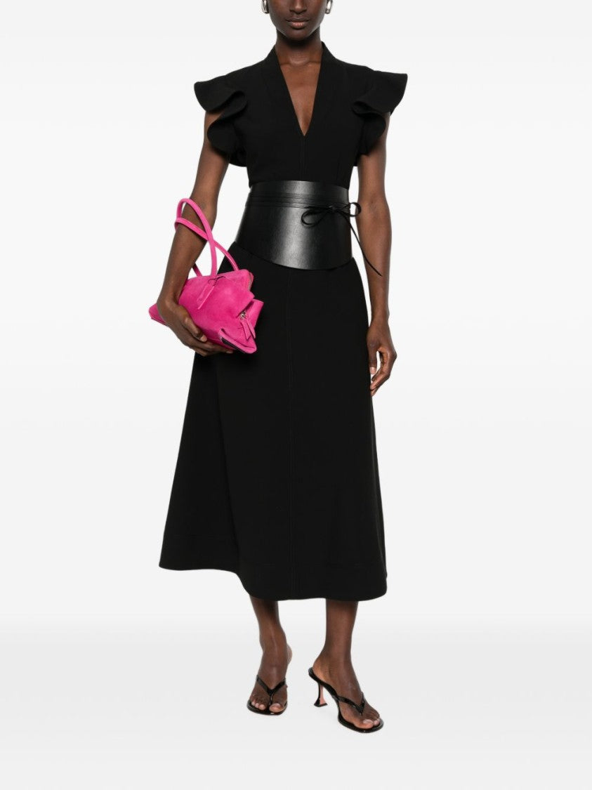 Moschino Black V-Neck Midi Dress With Ruffled Sleeves