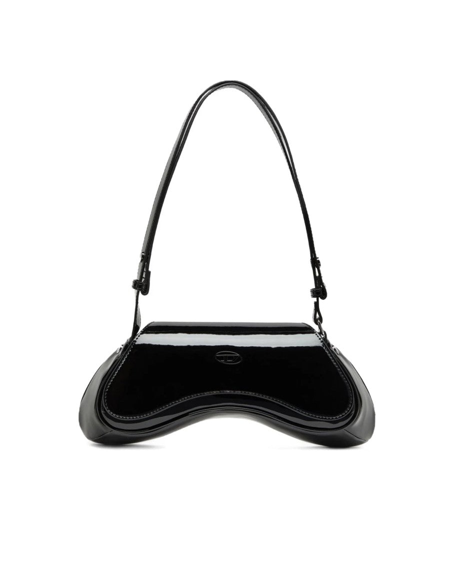 Diesel Curved Black Shoulder Bag With Glossy Finish