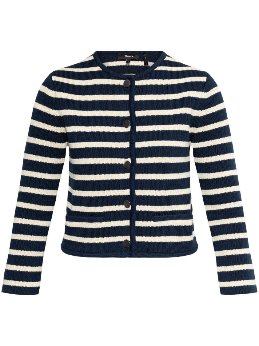 Theory Navy/White Striped Cotton Cardigan