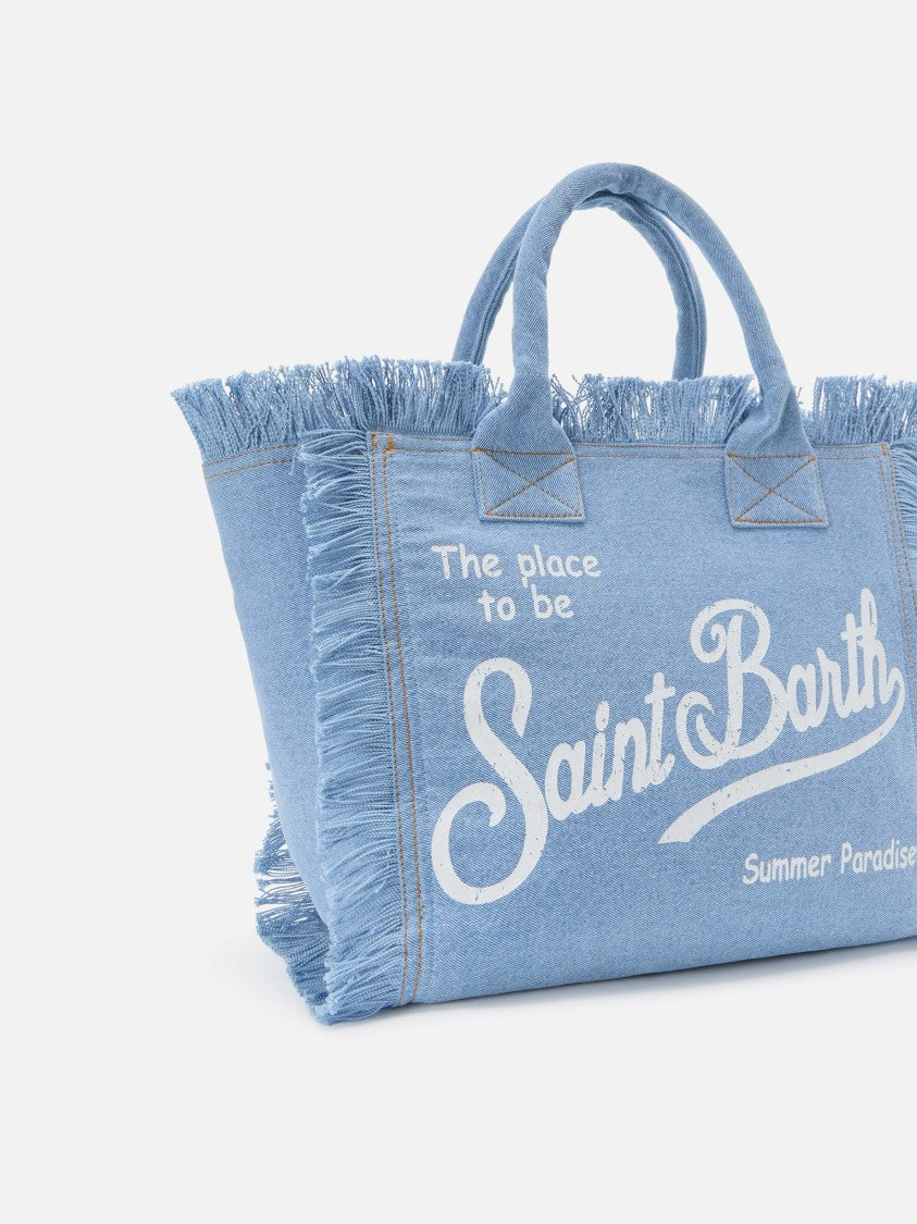 Mc2 Saint Barth Light Blue Denim Tote Bag With Fringed Edges
