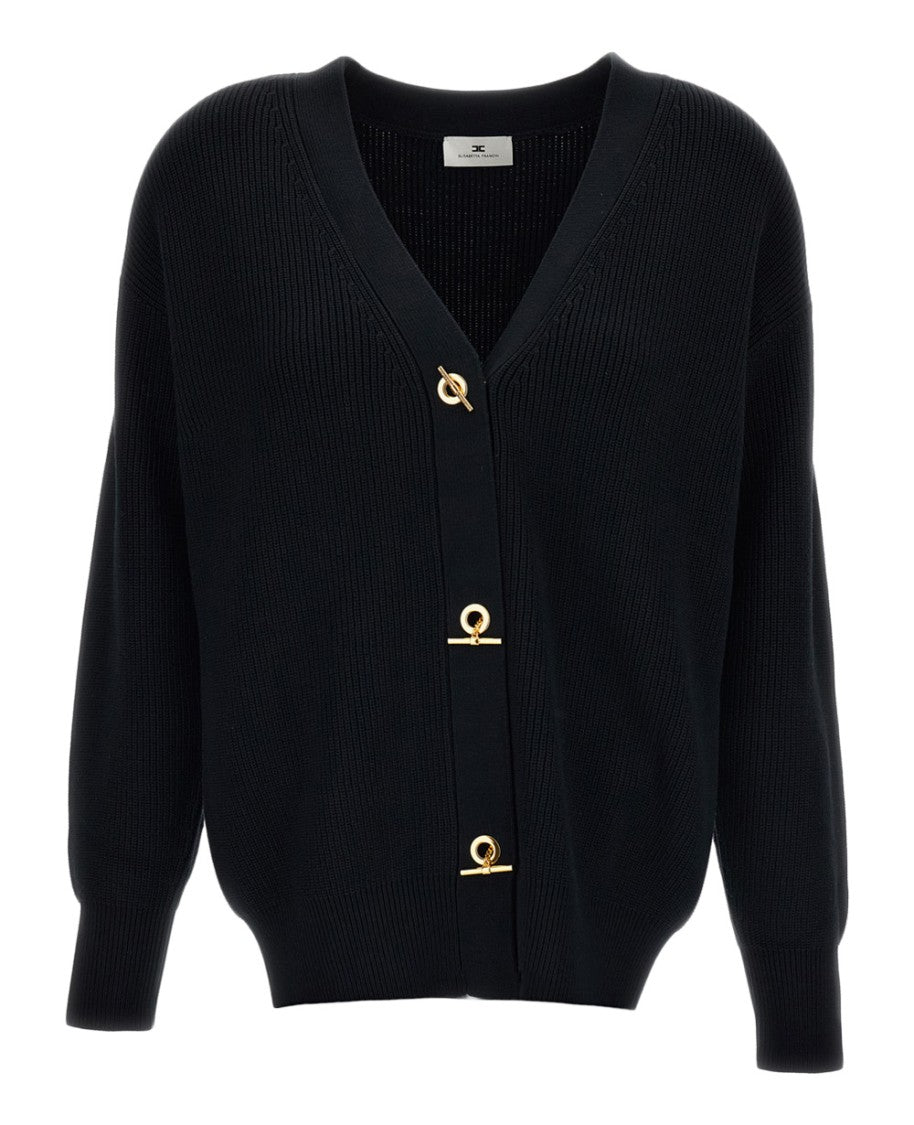 Elisabetta Franchi Black Rib-Knit Gold Toggle Cardigan