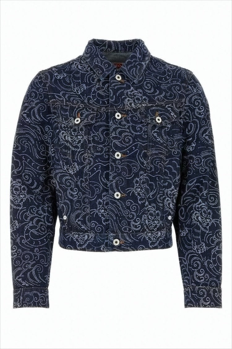 Kenzo Cropped Denim Jacket With Intricate Floral Pattern
