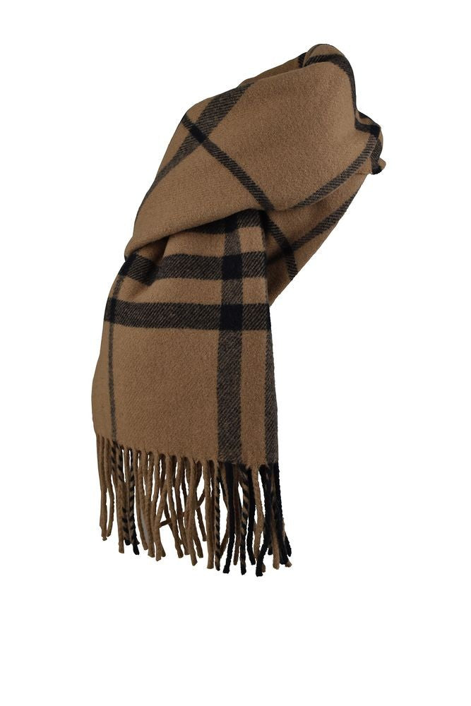 Burberry Plaid Camel Wool Scarf With Fringed Ends And Logo Detail