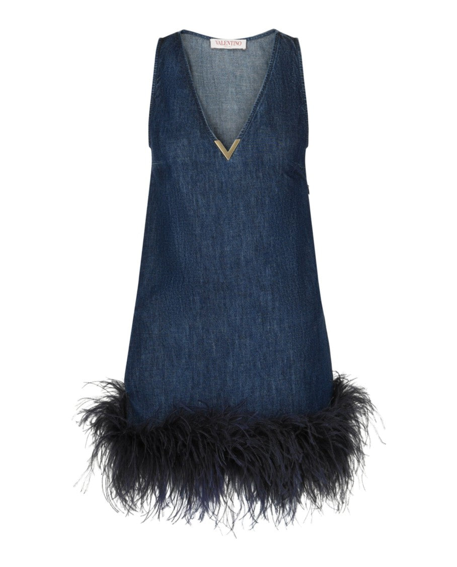 Valentino Denim Feather-Trim Mini Dress
