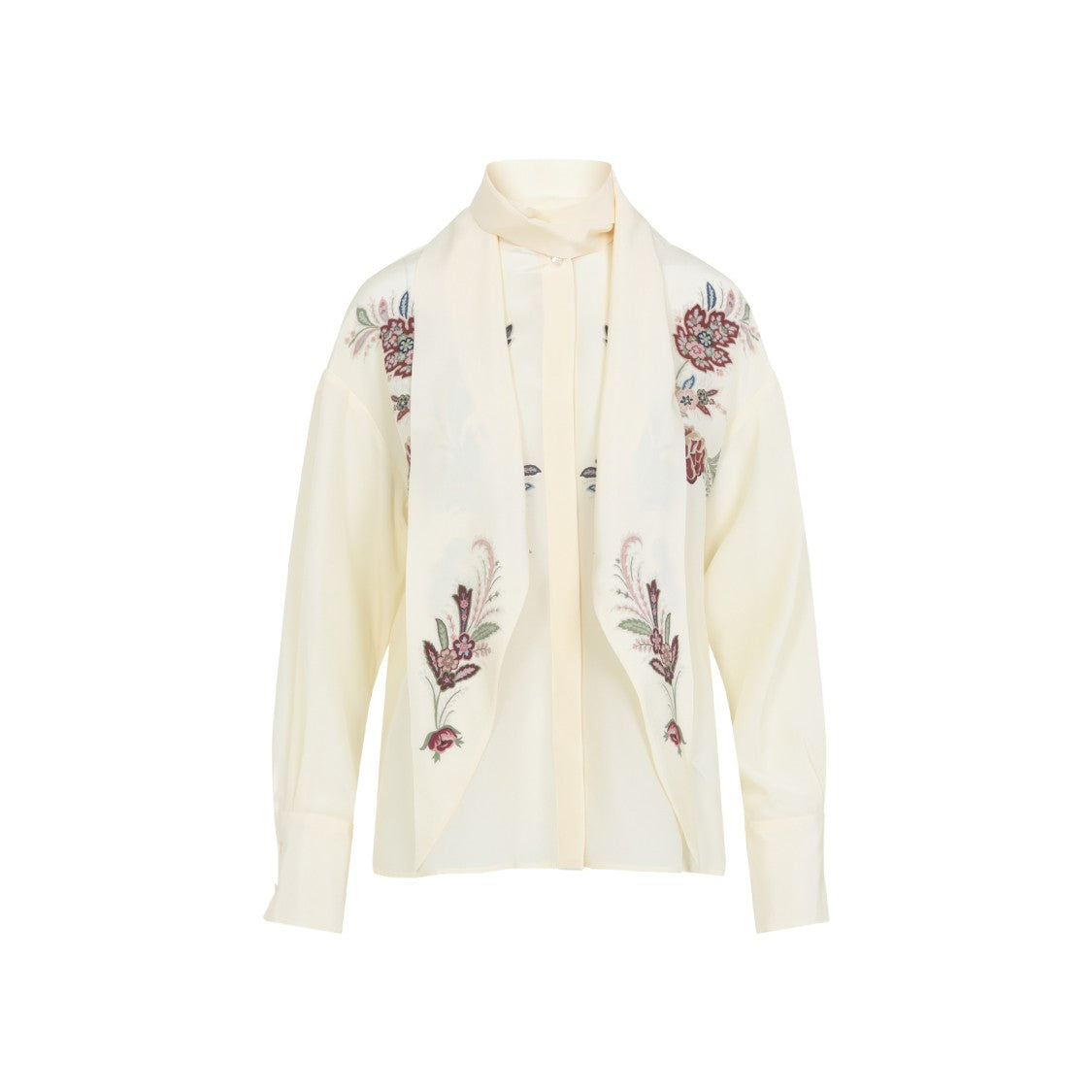 Etro Floral Printed Silk Shirt With Stand-Up Scarfed Collar
