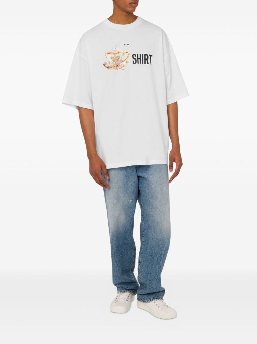 Moschino White Tea Cup Graphic Dropped T-Shirt