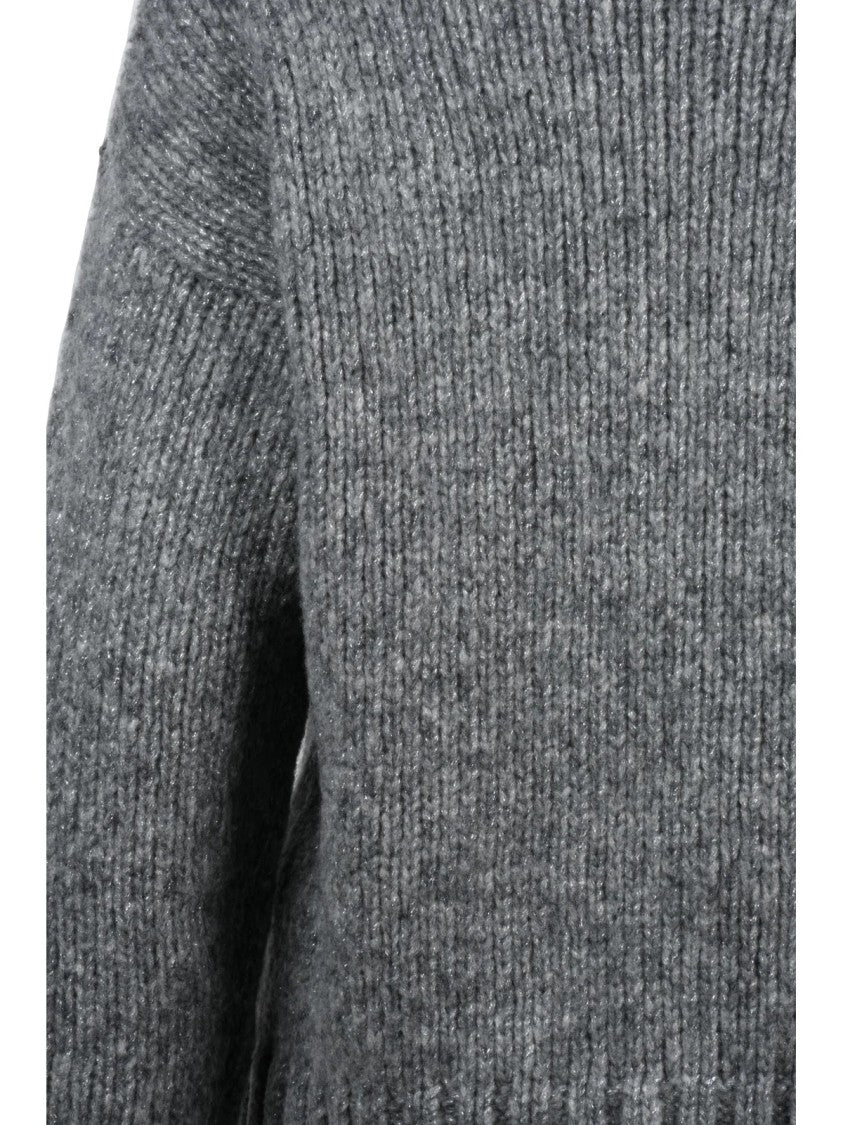 Alpha Studio High Neck Sweater With Ribbed Knit Texture And Lamé Details