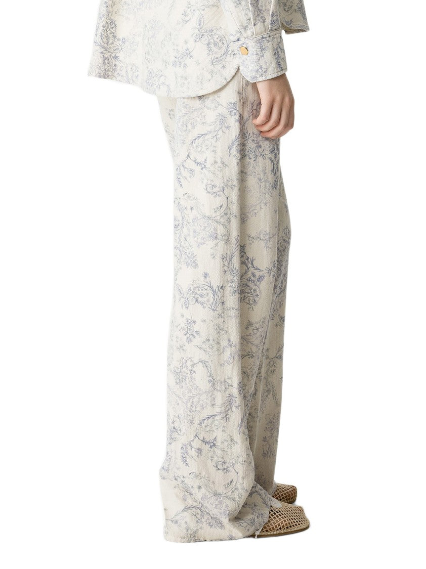Forte Forte High-Waisted Denim Trousers With Floral Print