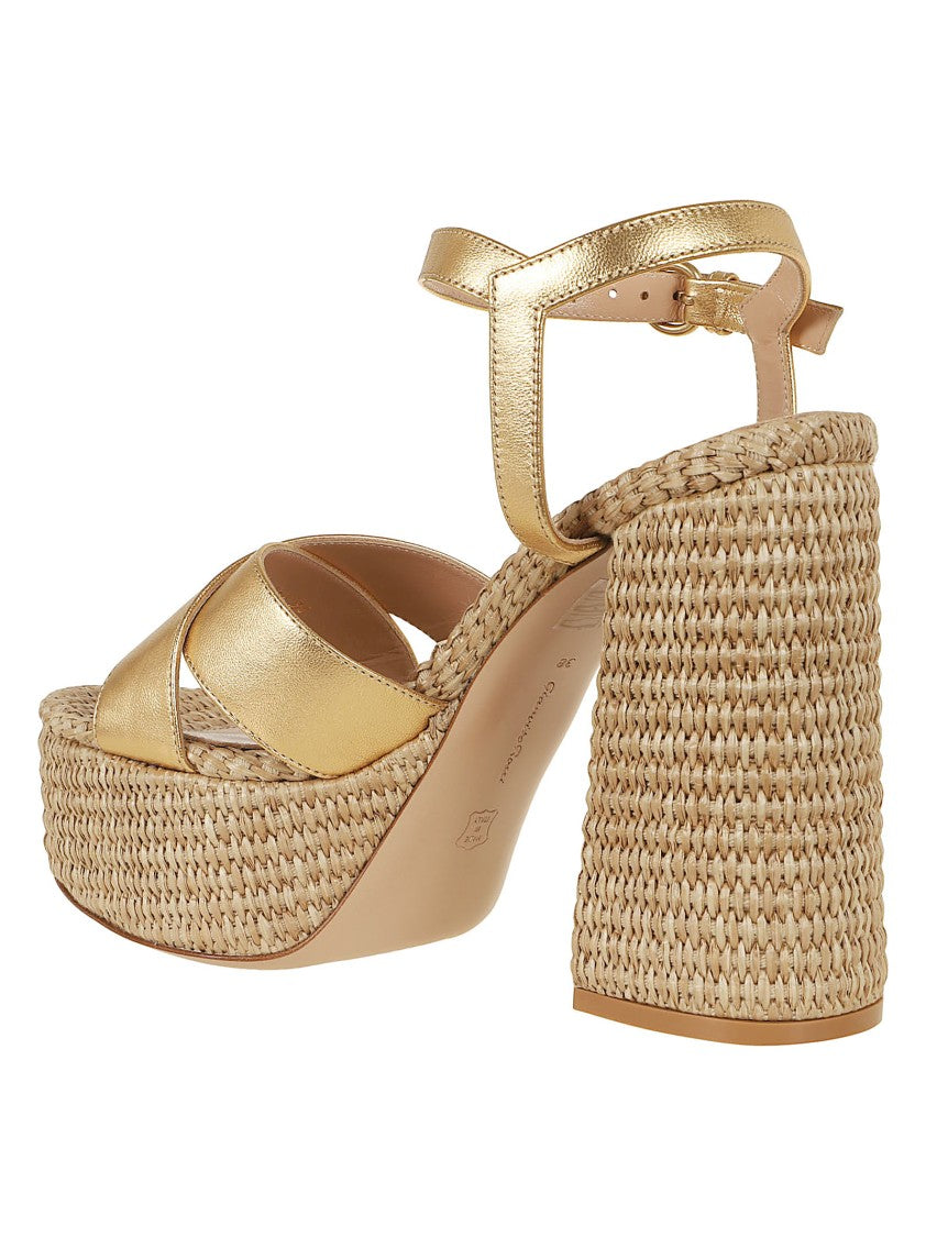 Gianvito Rossi Gold Metallic Platform Sandals With Crisscross Straps