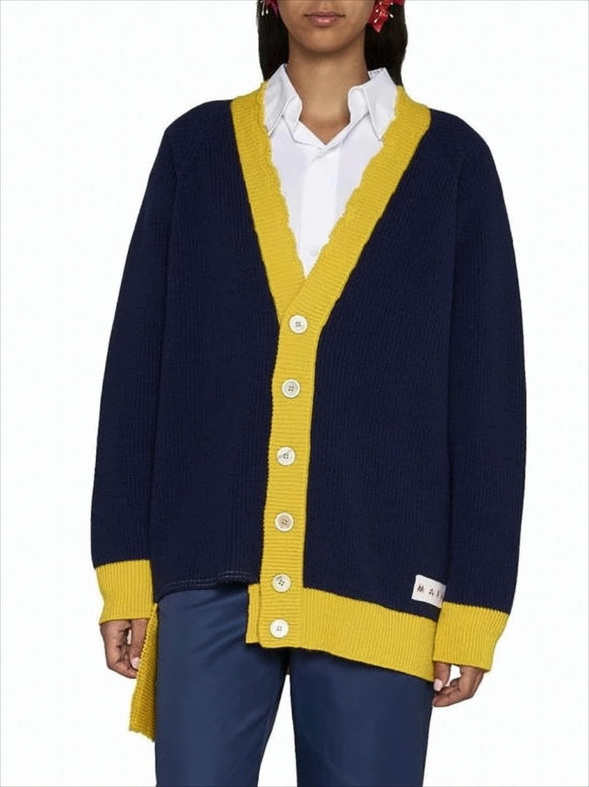 Marni Deep V-Neck Cardigan With Contrasting Ribbed Trim