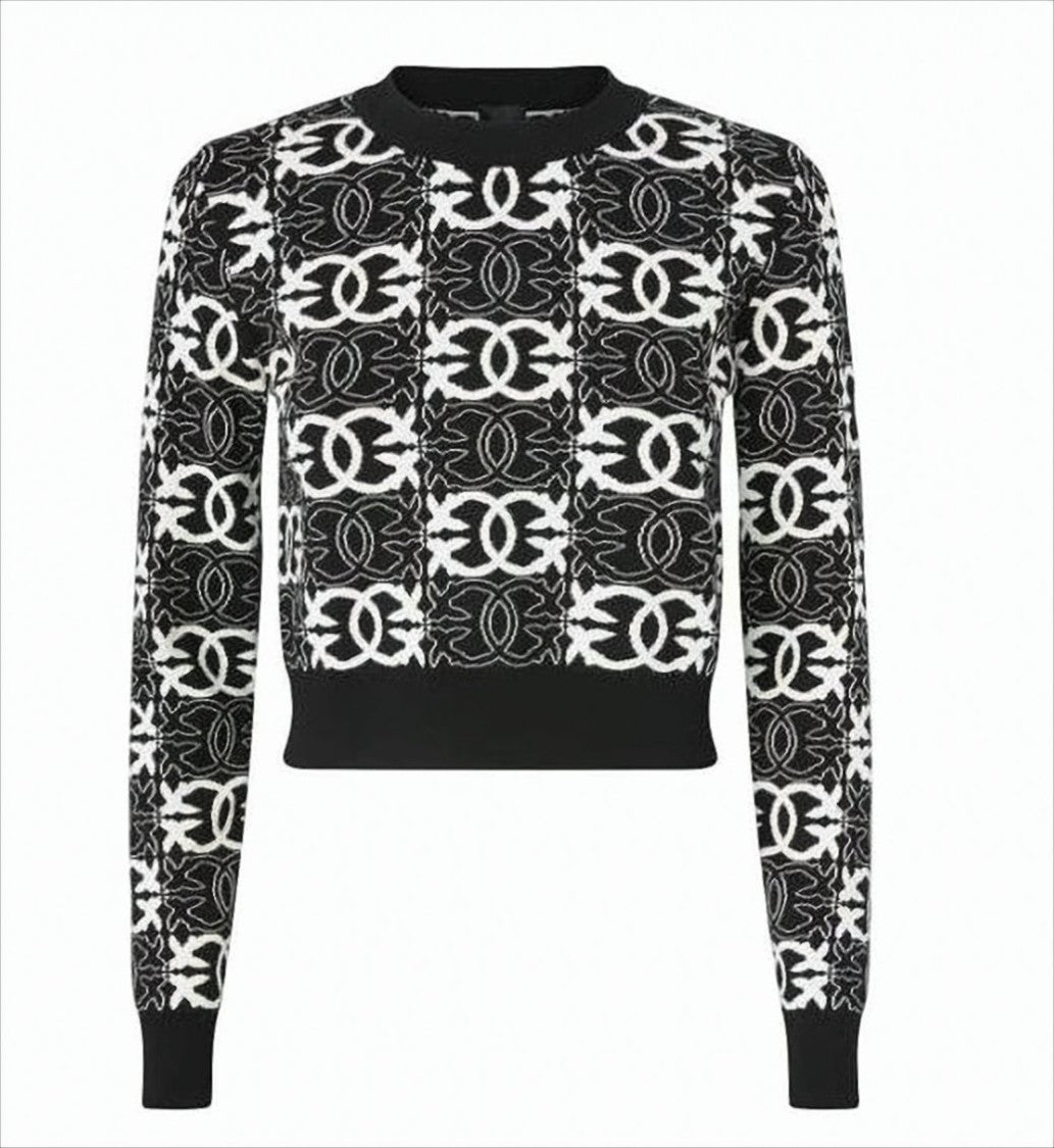 Pinko Cropped Black And White Patterned Sweater