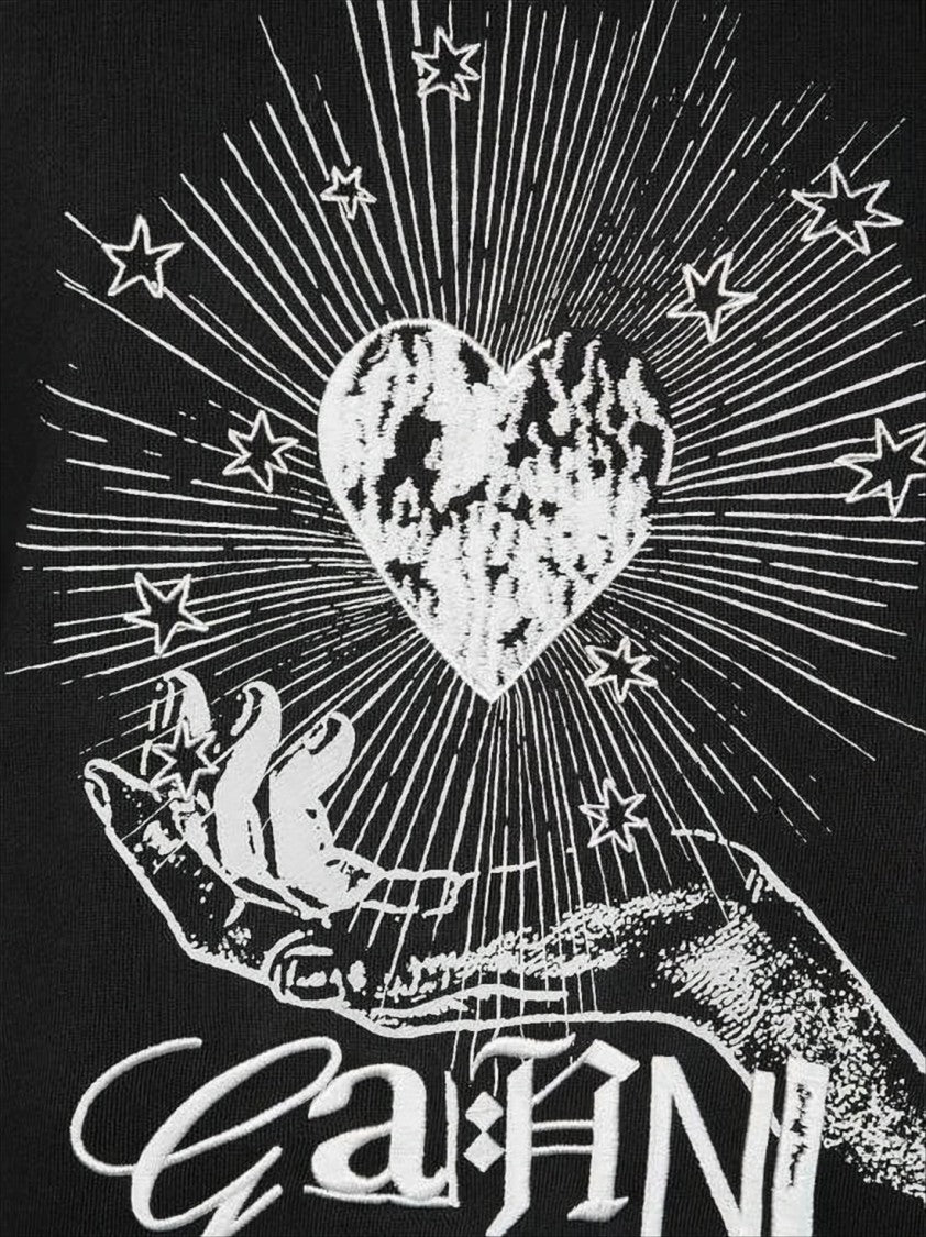 Ganni Black Organic Cotton Hoodie With Artistic Graphics And Handwritten Details