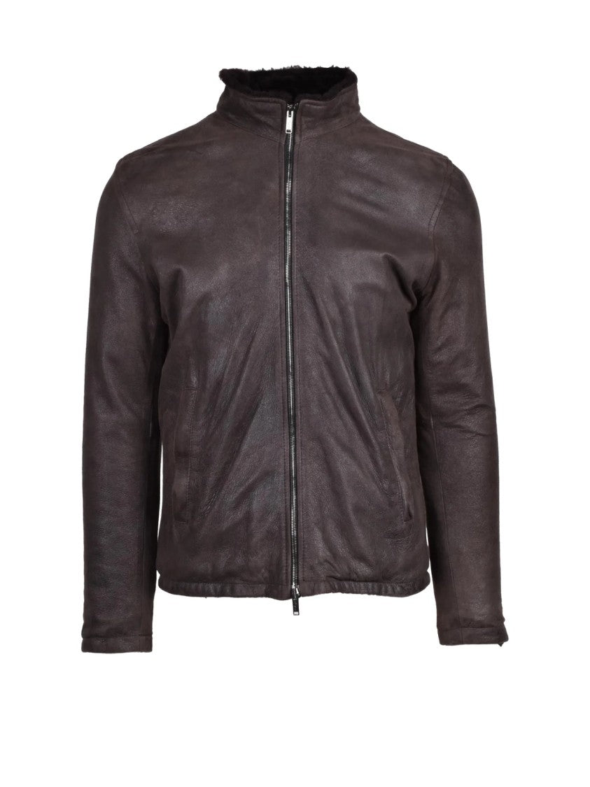 Volfagli Smooth Leather Brown Jacket With High Collar And Zip Closure