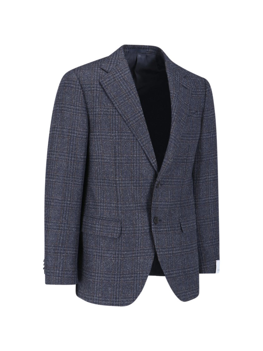 Caruso Blue Check Single-Breasted Wool-Blend Blazer