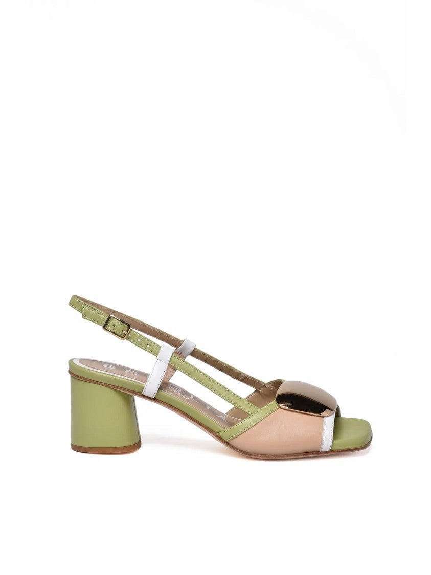 Bruglia Beige Green Metallic Leather Heels