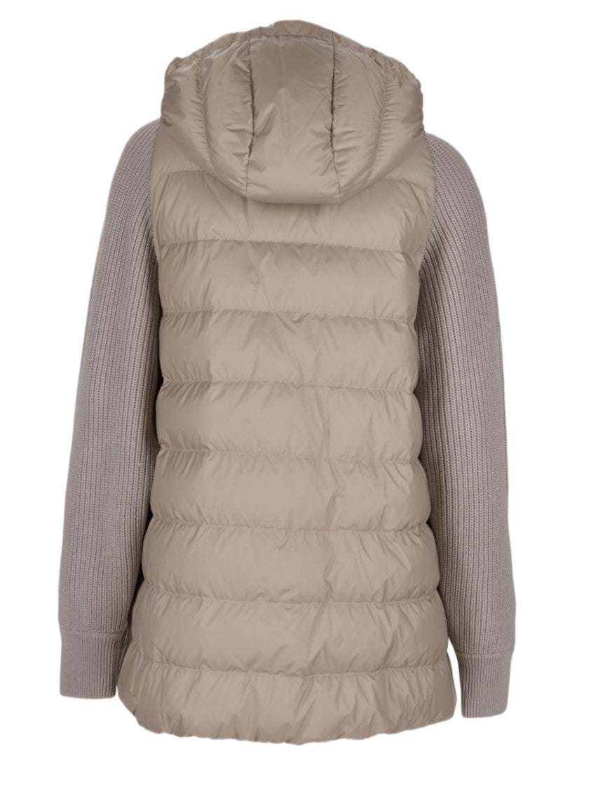 Brunello Cucinelli Padded Nylon Coat With Knit Sleeves And Hood