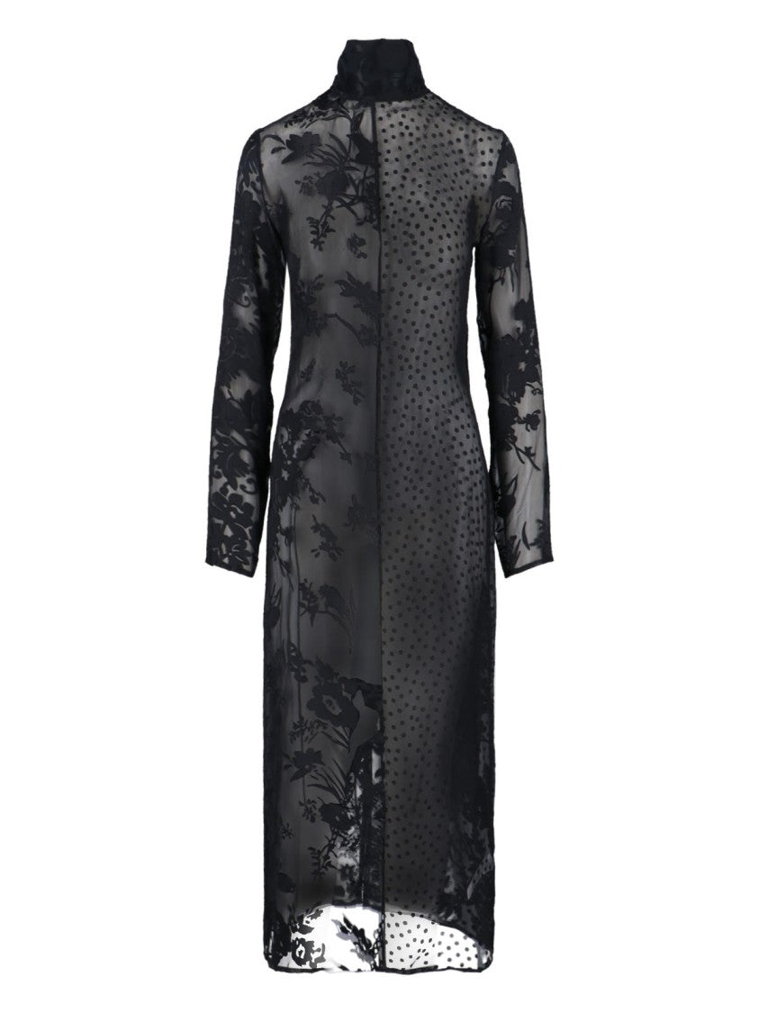 Marine Serre Sheer Black Midi Dress With Floral Patterns And Scarf Detail
