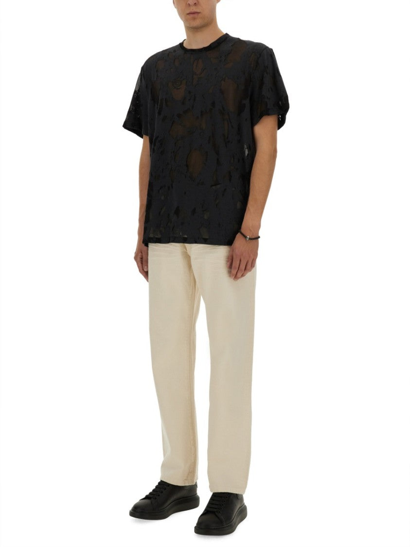 Alexander Mcqueen Distressed Black T-Shirt With Signature Logo