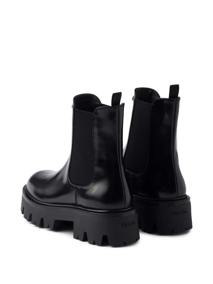 Prada Black Leather Lug Sole Ankle Boots