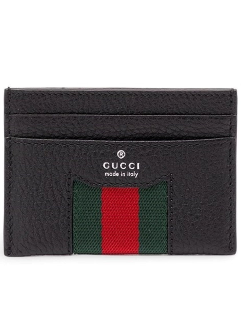Gucci Textured Black Leather Card Case With Central Stripe