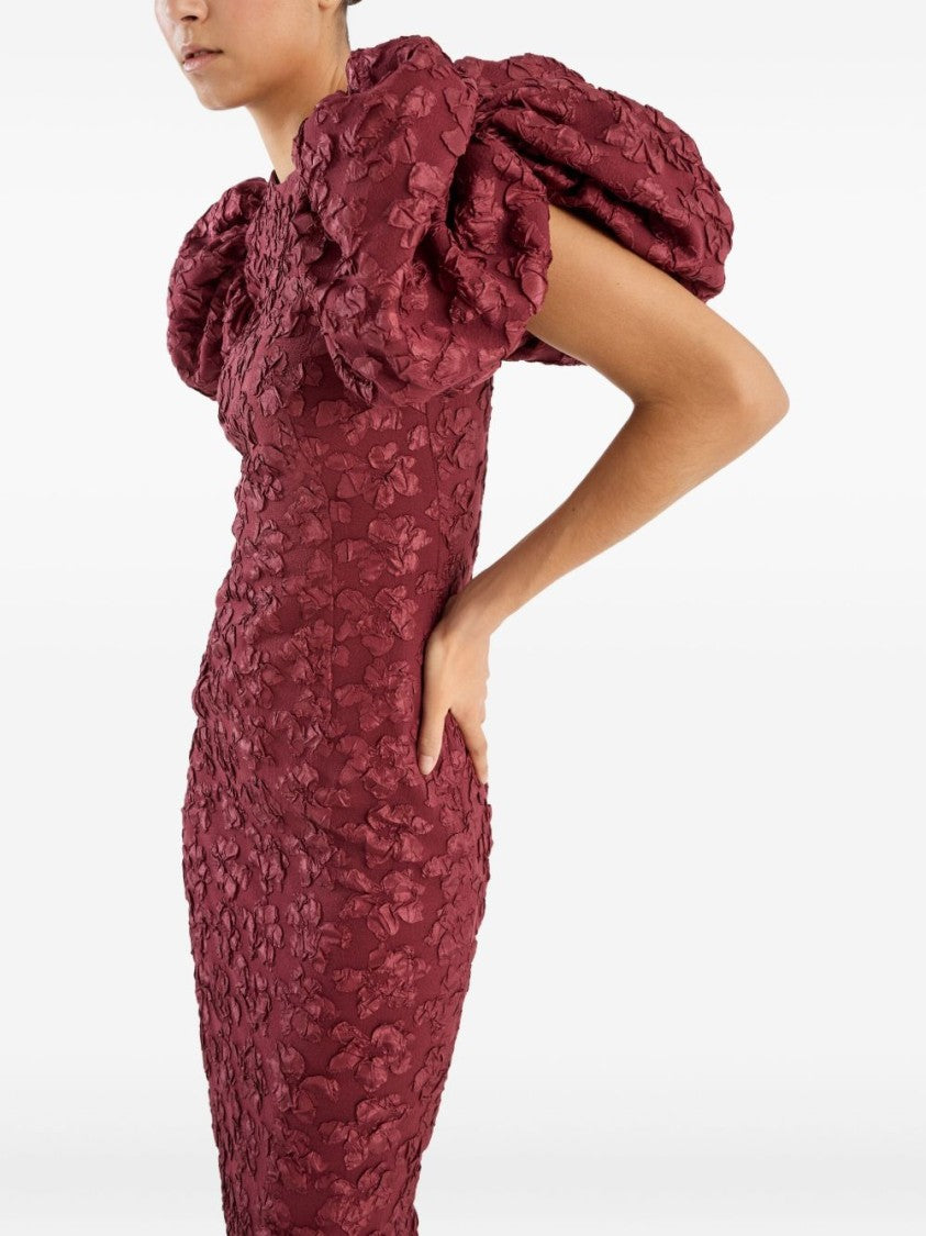 Rotate Textured Midi Dress With Dramatic Puffed Sleeves
