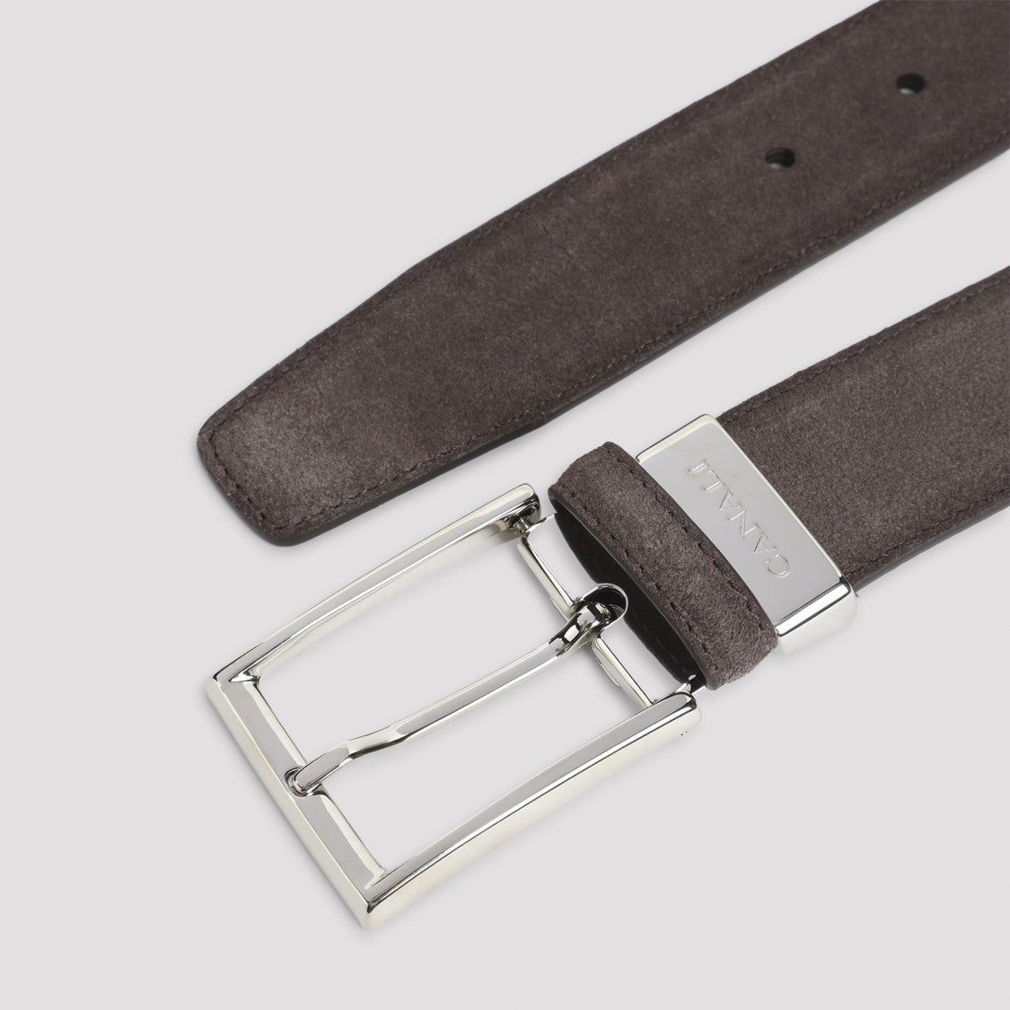 Canali Suede Leather Belt With Rectangular Silver Buckle