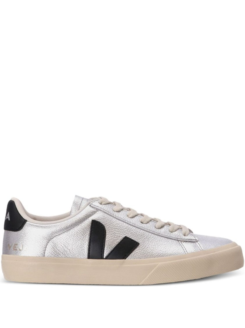 Veja Metallic Silver Leather Sneakers With Black Accents
