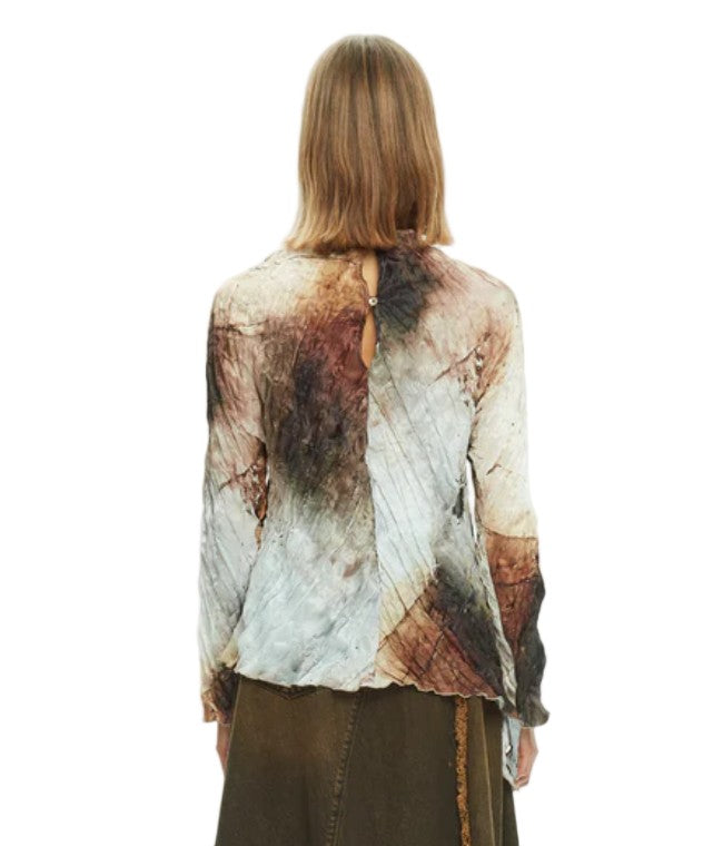 Mlo Crinkled Pleated Abstract Print Long-Sleeved Top