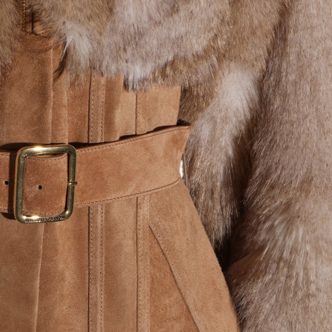 Elisabetta Franchi Textured Suede Buckle Fur Coat