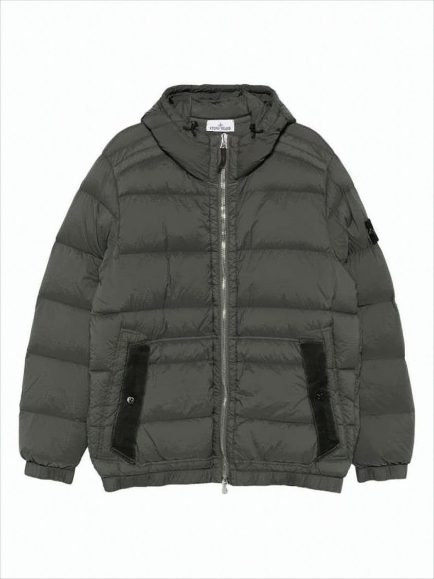 Stone Island Quilted Hooded Down Jacket With Distinctive Patch Logo